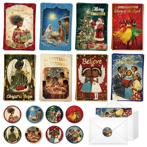 Lovarywow アフリカ系アメリカ人のクリスマスカード - 48枚パック ブラッククリスマスグリーティングカード 封筒とステッカー付き バルク、サンタメリークリスマスホリデーギフト、家族の友人へのホリデーギフト、冬の新年パーティー用品