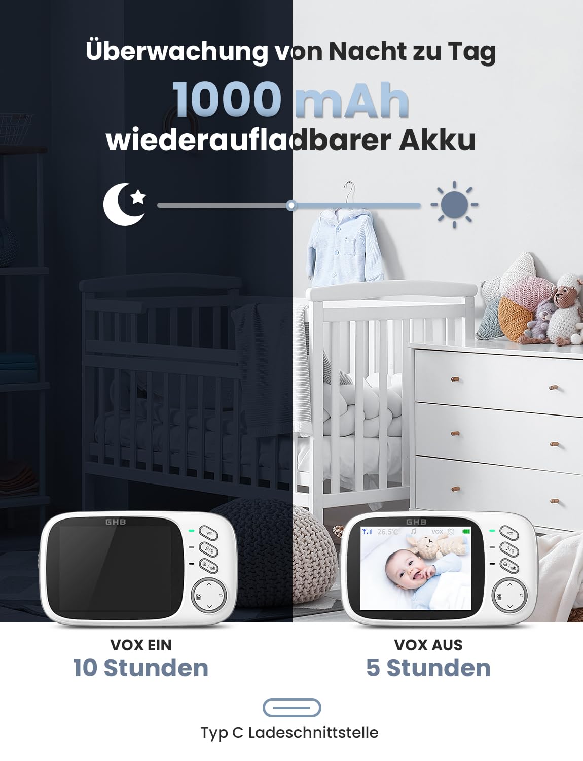 GHB Elektroniczna niania z kamerą 3,2" LCD monitor dla niemowląt, widoczność w nocy, tryb VOX, kołysanki i funkcja interkomu