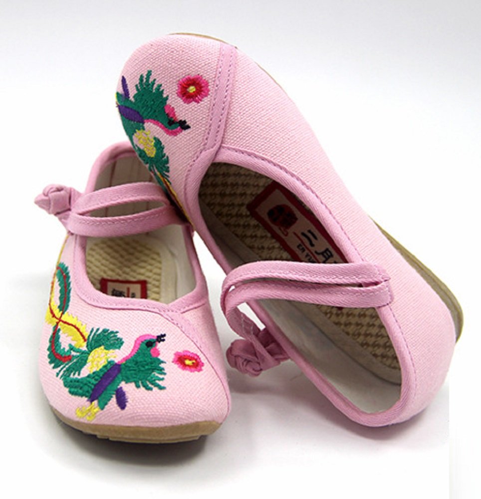 Tianrui Crown Children Girl's Phoenix Embroidery Mary-Jane Shoes Kid's Cute Flat Cheongsam Shoe Pink