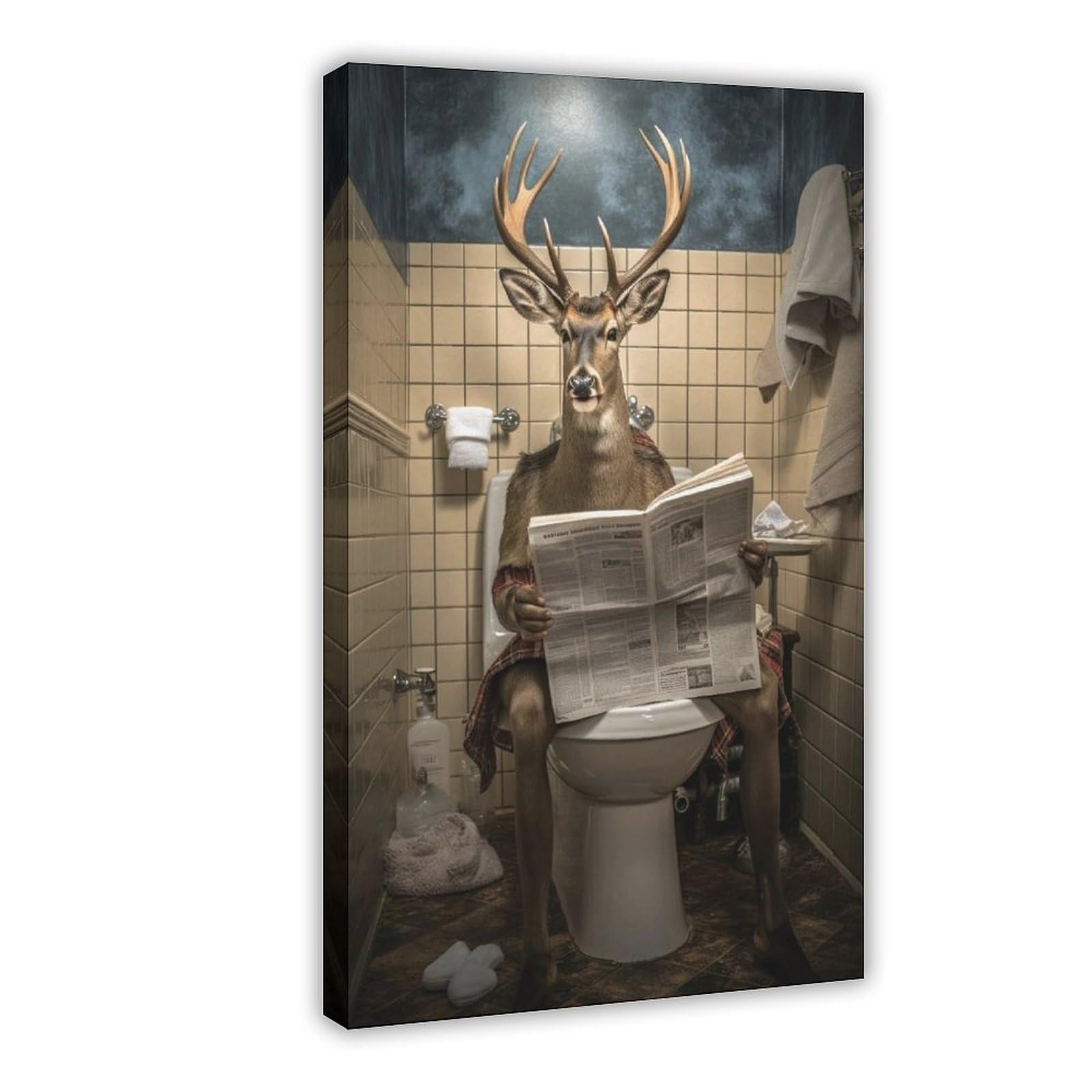 Lxwnze Frame-Style Deer With Antlers Reading Newspaper Canvas Poster For Home Decor Gift