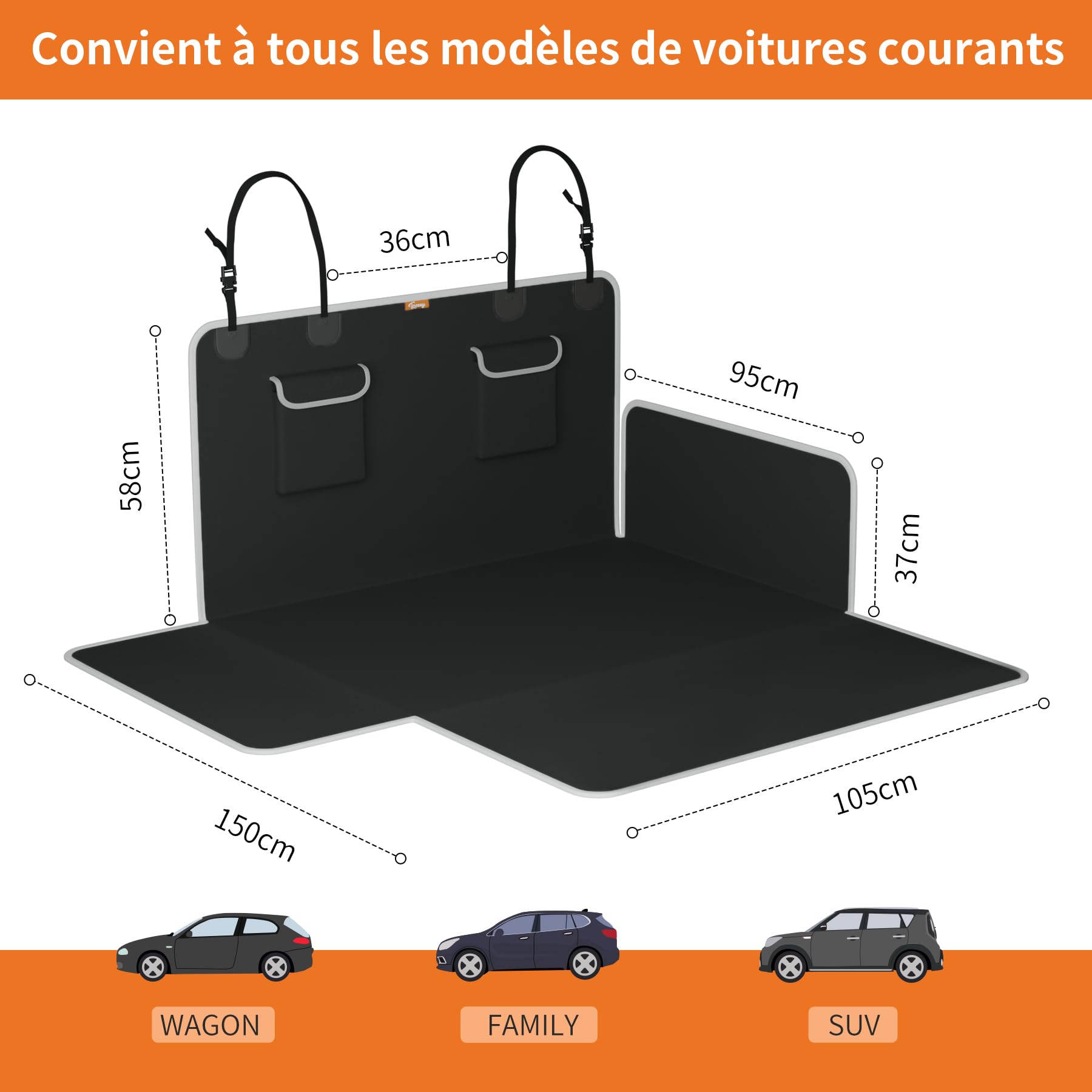 Toozey Housse de Coffre pour Chien XL 208×105 cm, Tapis de Coffre Universel Imperméable & Antidérapant, 2 Grandes Poches, Protection pour la Plupart des Voitures, SUV et Break – Noir
