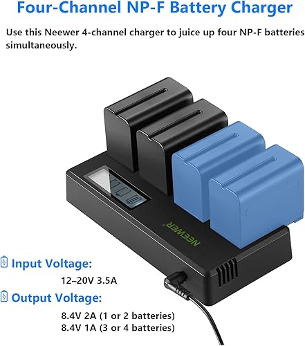 Vista 2 de Neewer Paquete de 4 baterías de repuesto de 7.4 V 6600 mAh NP-F970 con cargador de batería de 4 canales y adaptador de corriente, compatibles