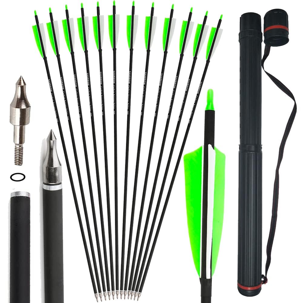 SHARROW 32 Inches Archery Carbon Arrows Spine 500 Archery Target Arrows Adult Hunting Arrows with 4" Nature Feathers for Compound Bow Recurve Bow Longbow Bow And Arrow For Hunting (1Quiver+Green, 6P)