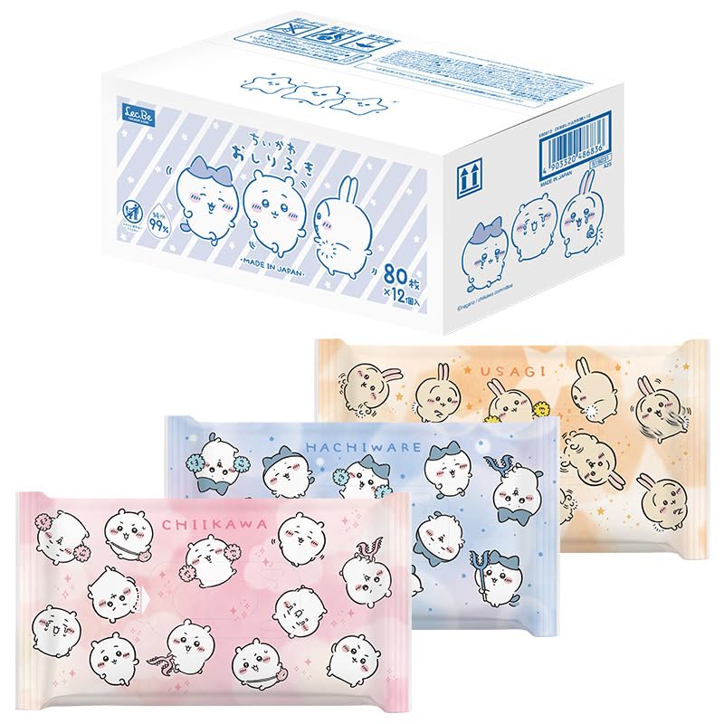 Chiikawa 99% Pure Water Wipes 80 Sheets x 12 Pieces (960 Sheets) Fluffy Sheet Additive-Free Made in Japan Chiikawa Hachiwaret Rabbit 3 Patterns Random Assortment