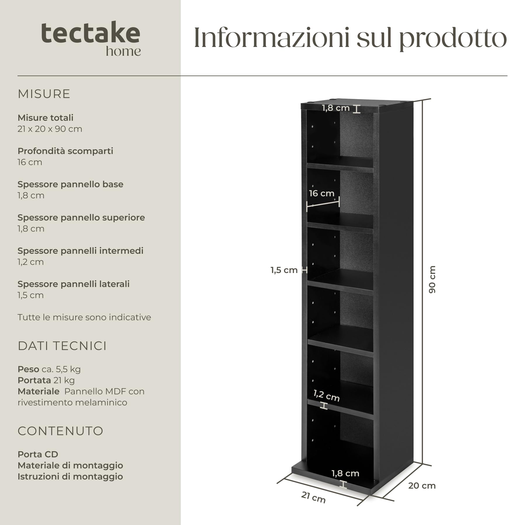 TecTake® Scaffale Porta CD DVD Archiviazione 102 CD, Supporto di Archiviazione, 6 Piani, Facile da Montare, Materiale MDF con Rivestimento Plastico, Dimensioni 90 x 21 x 20 cm, Peso 5,5 kg - Nero