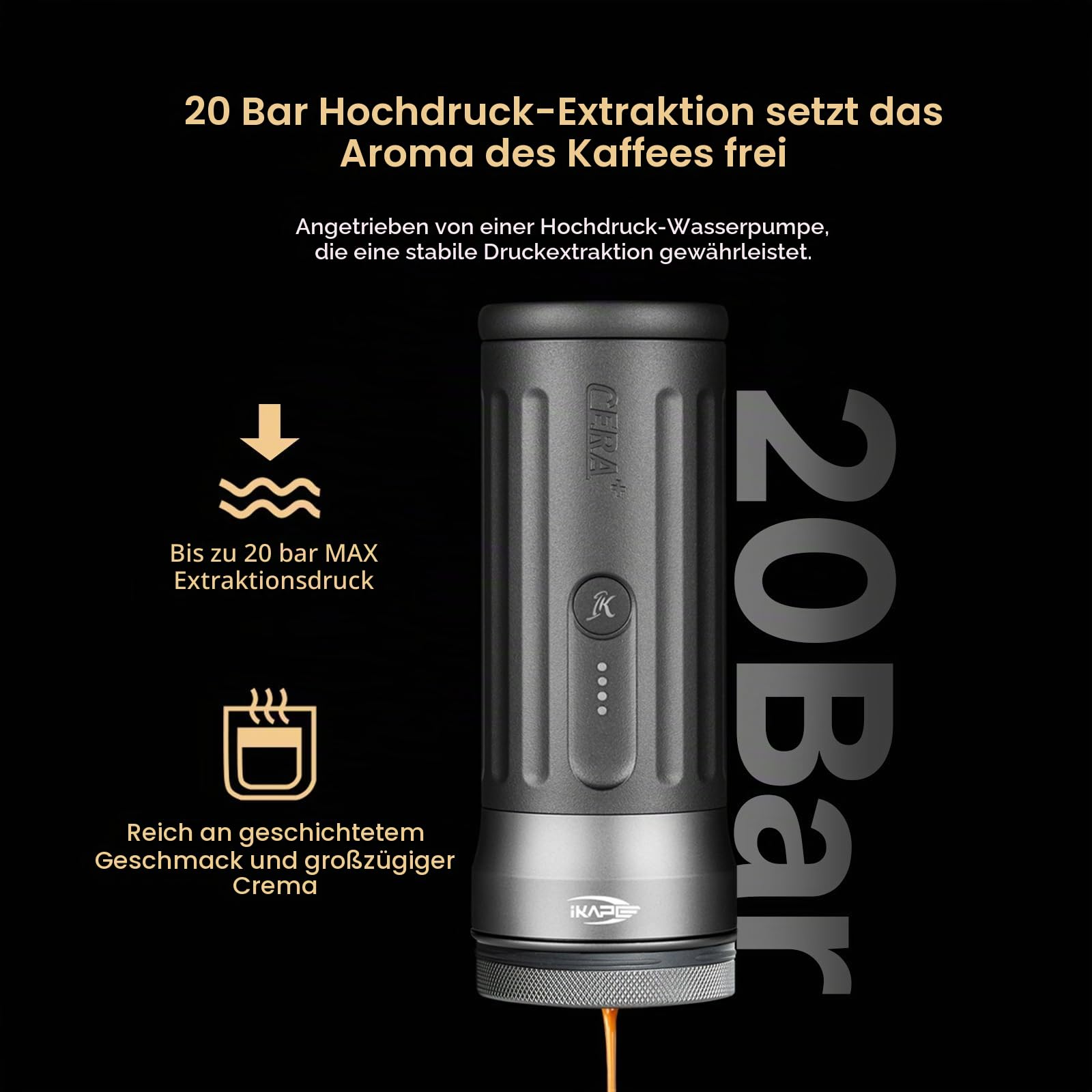 IKAPE KAPO K2 Pro Tragbare Espressomaschine mit Bluetooth-App-Verbindung und 58-mm-Siebträger bodenlos, elektrische Kaffeemaschine mit 20 Bar Druck, für Zuhause, Reisen und Camping
