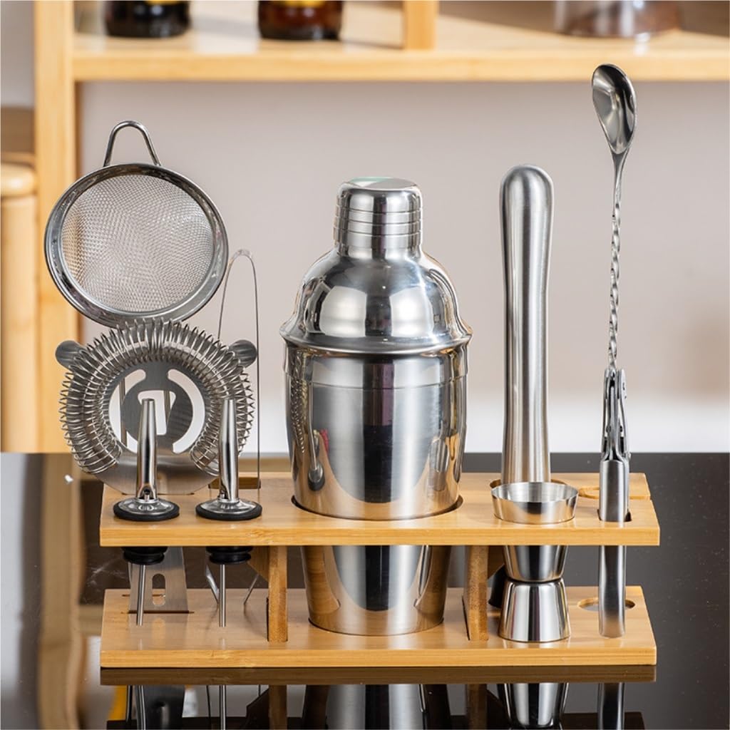 Coctelera de Cóctel,Barman Coctelera de Acero Inoxidable, Juego Barra 11 Piezas con Marco Madera, Mezclador para Hacer cócteles Amantes de Los Cócteles(550ML)