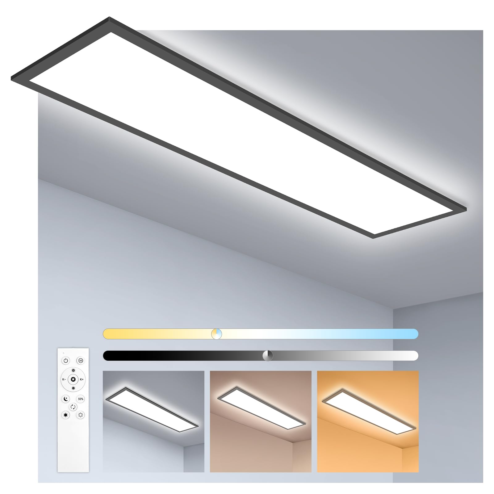 Oraymin LED Panel 120x30 Schwarz, LED Panel Dimmbar 120x30, Deckenpanel Deckenlampe mit Fernbedienung, 40W 4400LM Lampen mit Speicherfunktion, 3000K-6500K Lampe Wohnzimmer, Lampe Schlafzimmer