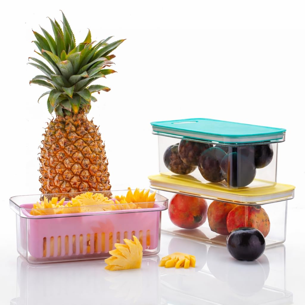JIALTO Cajas de almacenamiento para nevera, organizador y almacenamiento con placa de drenaje extraíble, mantiene las frutas y verduras frescas durante más tiempo (paquete de 4, multicolor)