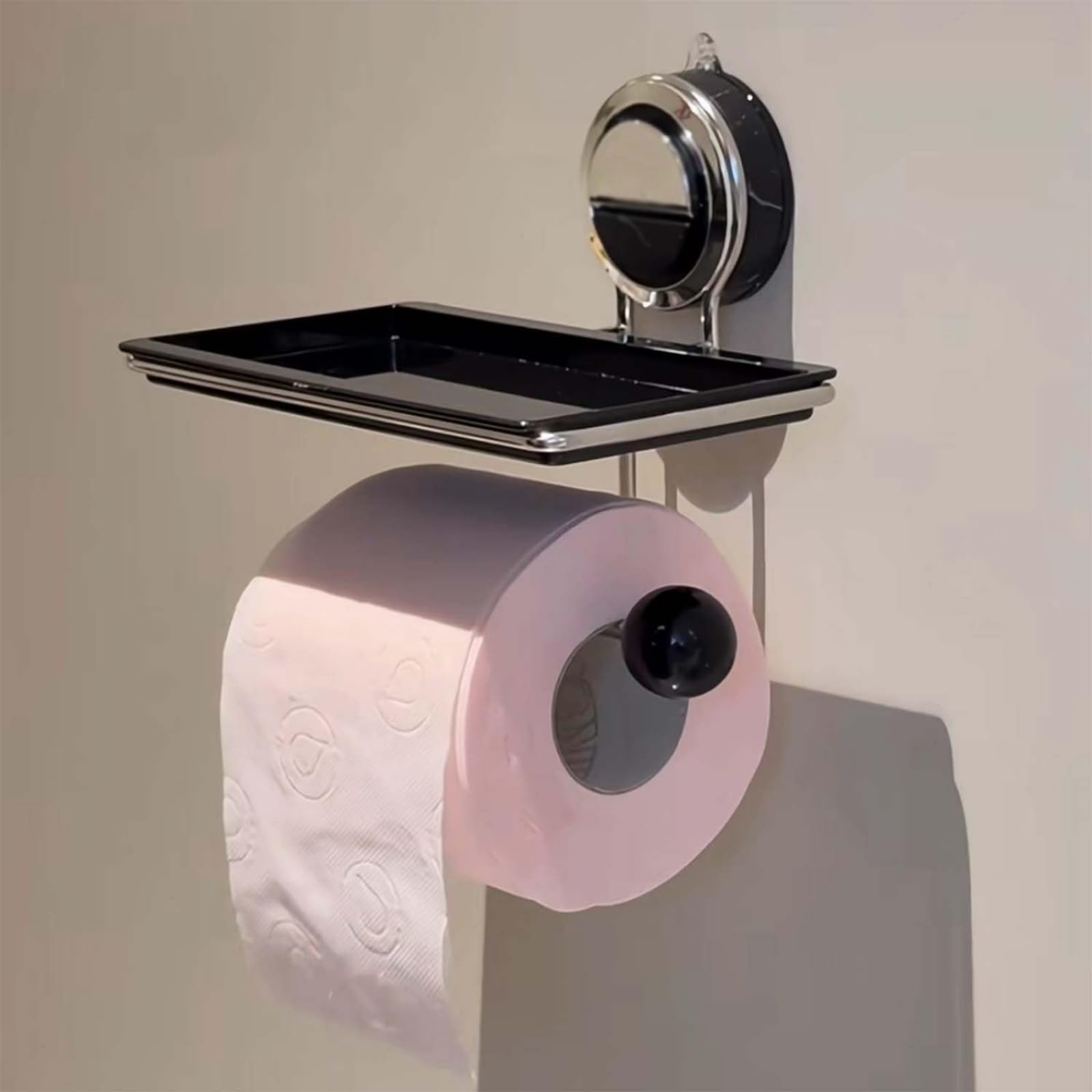 Sifteng Black Strong Suction Stainless Steel Toilet Paper Holder No Drilling, Holds Strong And Steady, Toilet Tissue Roll Holder With Shelf For Bathroom, Suction Cup Storage Rack (Black)