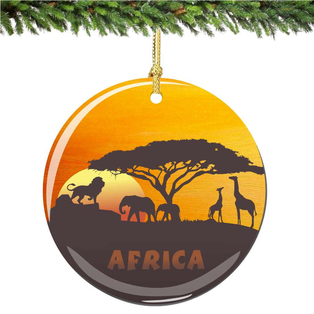 African Christmas Ornament with Lion, Elephant and Giraffe, Porcelain 2.75 Inch Christmas Ornaments