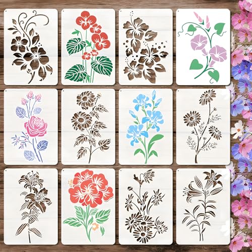 Lot de 12 Pochoirs Réutilisables en PET – Modèles Créatifs pour Peinture, DIY, Décoration et...