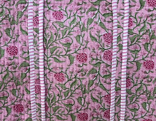 Image of Quilted Cotton Handprinted Reversible Large multicolor Floral Tote Bag,Hand Block Print Shopping Shoulder Carry Bag