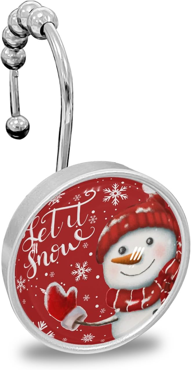 Snowman Shower Curtain Hooks, Christmas Snowflake Buffalo Plaid Seasonal Winter 12PCS Shower Curtain Hooks Rings for Bathroom Stainless Steel Rust Resistant Shower Curtain Hangers
