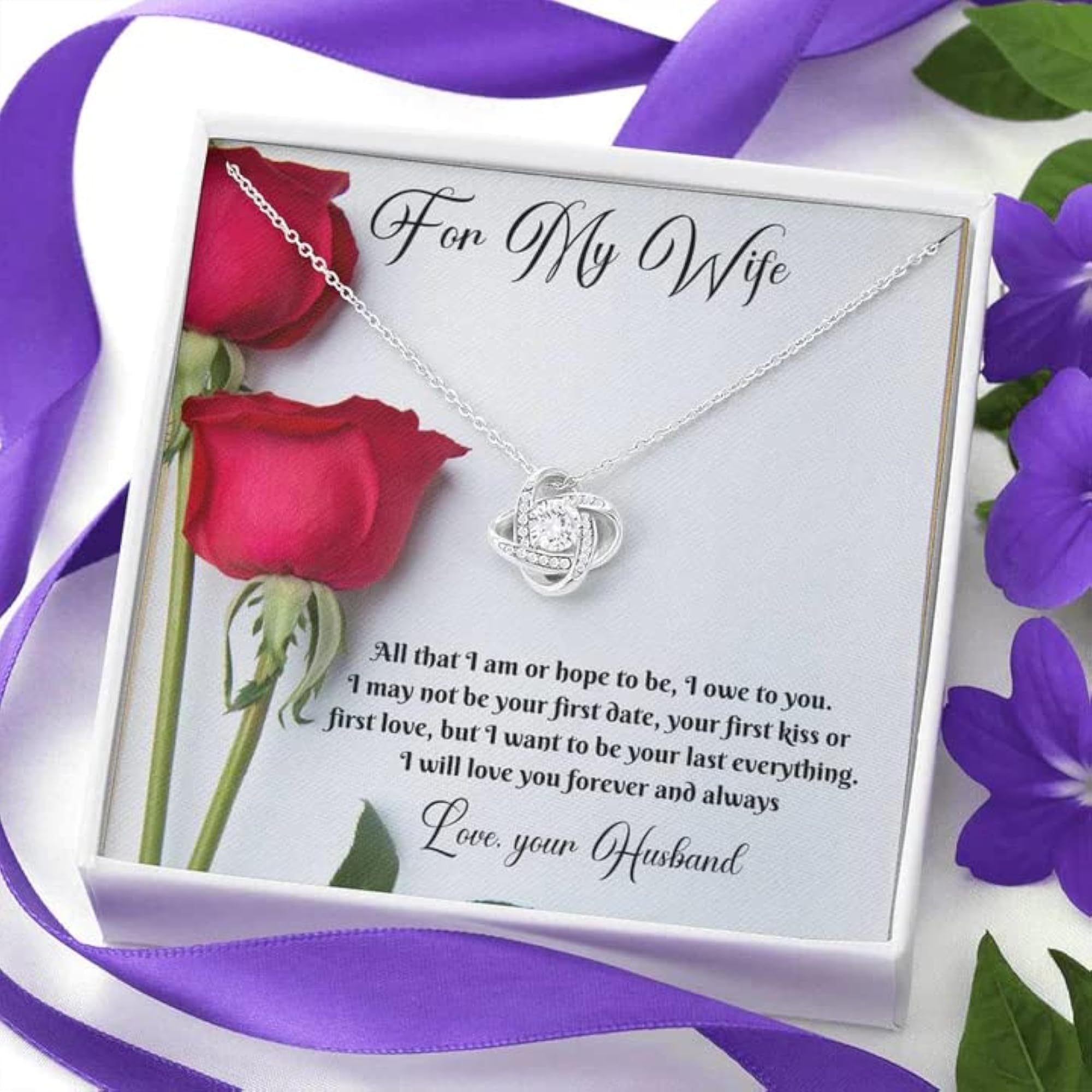 Women's Love Knot Necklace with Red Rose, 925 Sterling Silver