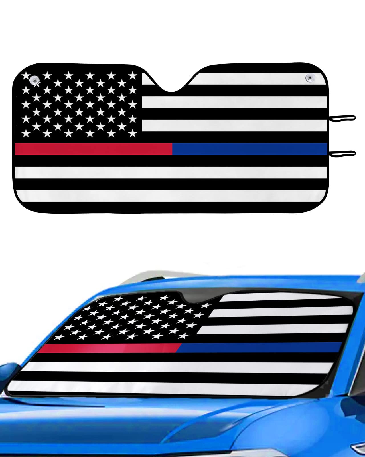 Thin Blue Red Line Flag Car Windshield Sun Shade, Police Firefighter American Flags Foldable Front Window Sunshade for Car, SUV, Truck - Blocks UV Rays Sun Visor Protector, 27.5x55.1 Inch