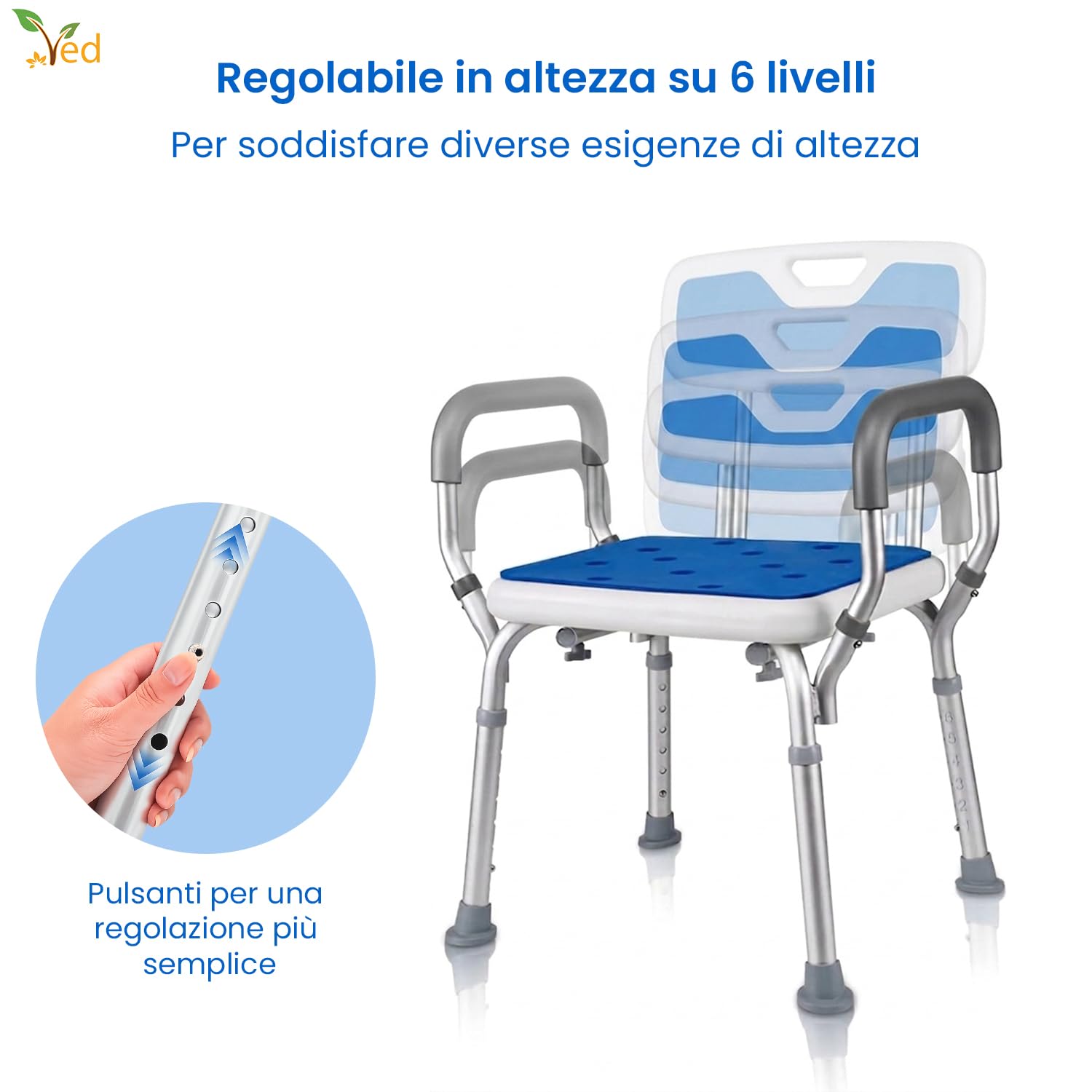 VED Sedia da Doccia Regolabile in 6 Altezze con Braccioli Imbottiti e Piedini Antiscivolo per Anziani, Disabili e Donne Incinte, Capacità 150 kg
