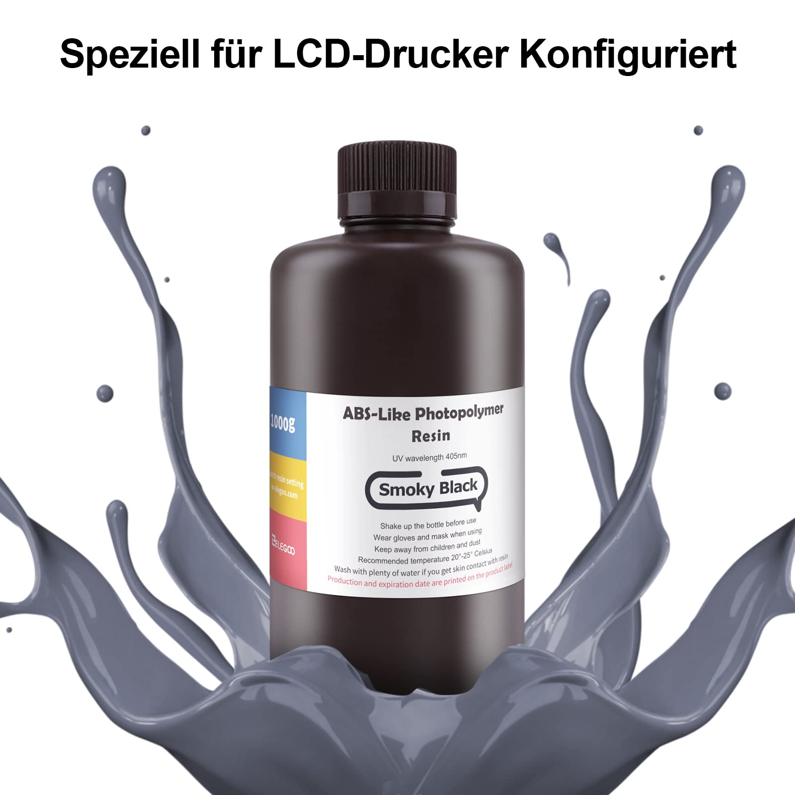 ELEGOO Żywica do drukarki 3D LCD/DLP, 405 nm, podobna do ABS, LCD UV, szybkie utwardzanie, fotopolimerowa, wysoka precyzja, nie kruszy się, nietoksyczna, 1000 g, kolor dymny czarny (smoky black)