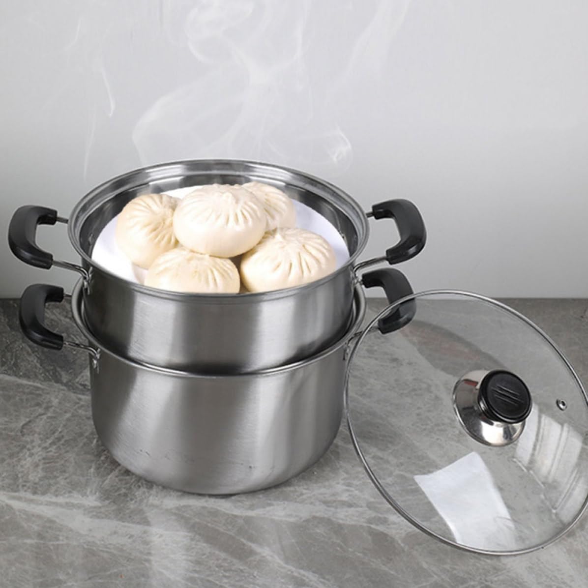 Edelstahl Dampfgarer mit Deckel, 1 Satz Suppentopf für Zuhause | Silberfarbenes Satz, Robuste Ausführung, Geeignet für Eintopf und Nudeln