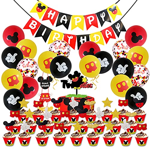 FONBALLOON PARTY Twodles Mickey Mouse Party Supplies Birthday Decorations Set, 1 Mouse Happy Birthday Banner,1 Cake Topper,25 Cupcake Topper, 25 Wrappers,40 Mickey Color Balloons ,Mickey Mouse Door Sign,for Baby Shower Kids Birthday Decorations