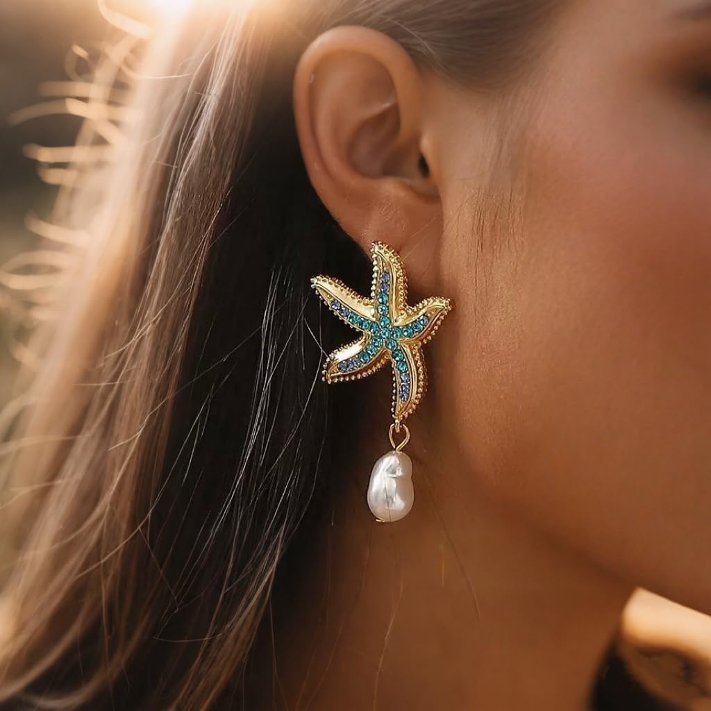 Gold Starfish Pearl Earrings for Women Hawaiian Earring Starfish Dangle Earrings Hypoallergenic 14K Gold Plated Sea Star Earrings Beach Summer Holiday Ocean Jewelny - Size 2.25"L x 1.1"W - Image 2
