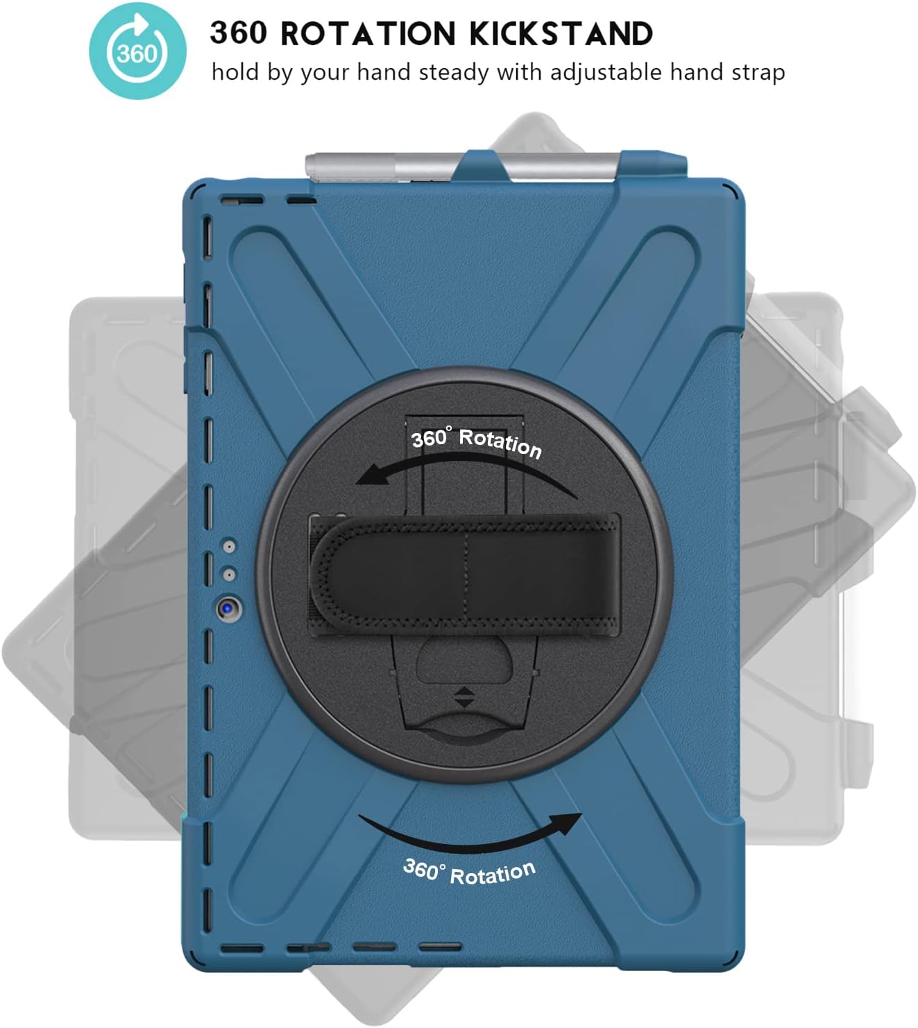 ProCase Surface Pro 7 Plus/Pro 7 / Pro 6 / Pro 5 / Pro 4 / Pro LTE Case, Full Body Protective Case, 360 Degree Rotatable Heavy-Duty Cover with Hand Strap, Shoulder Belt and Kickstand –Moroccoblue