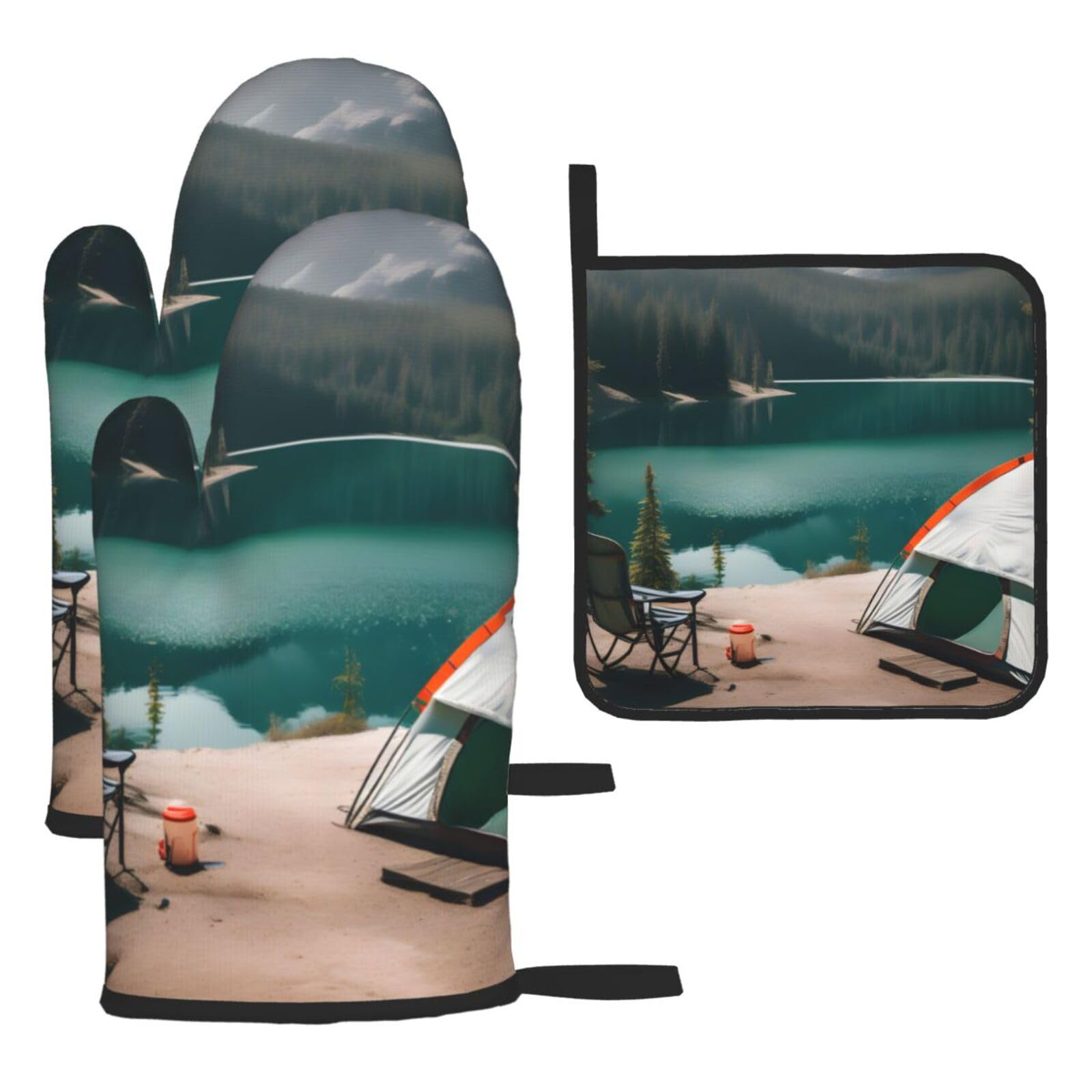 Serenity Lake Camping Print Oven Mitts Kitchen Gloves Set Everyday Baking Grilling Microwaving Cooking Gift