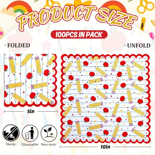Image of Whaline 100 Pcs Back to School Cocktail Napkins Scalloped Disposable Paper Napkin Apples Pencil Notebook Beverage Dessert Napkin for Party Supplies Table Decor