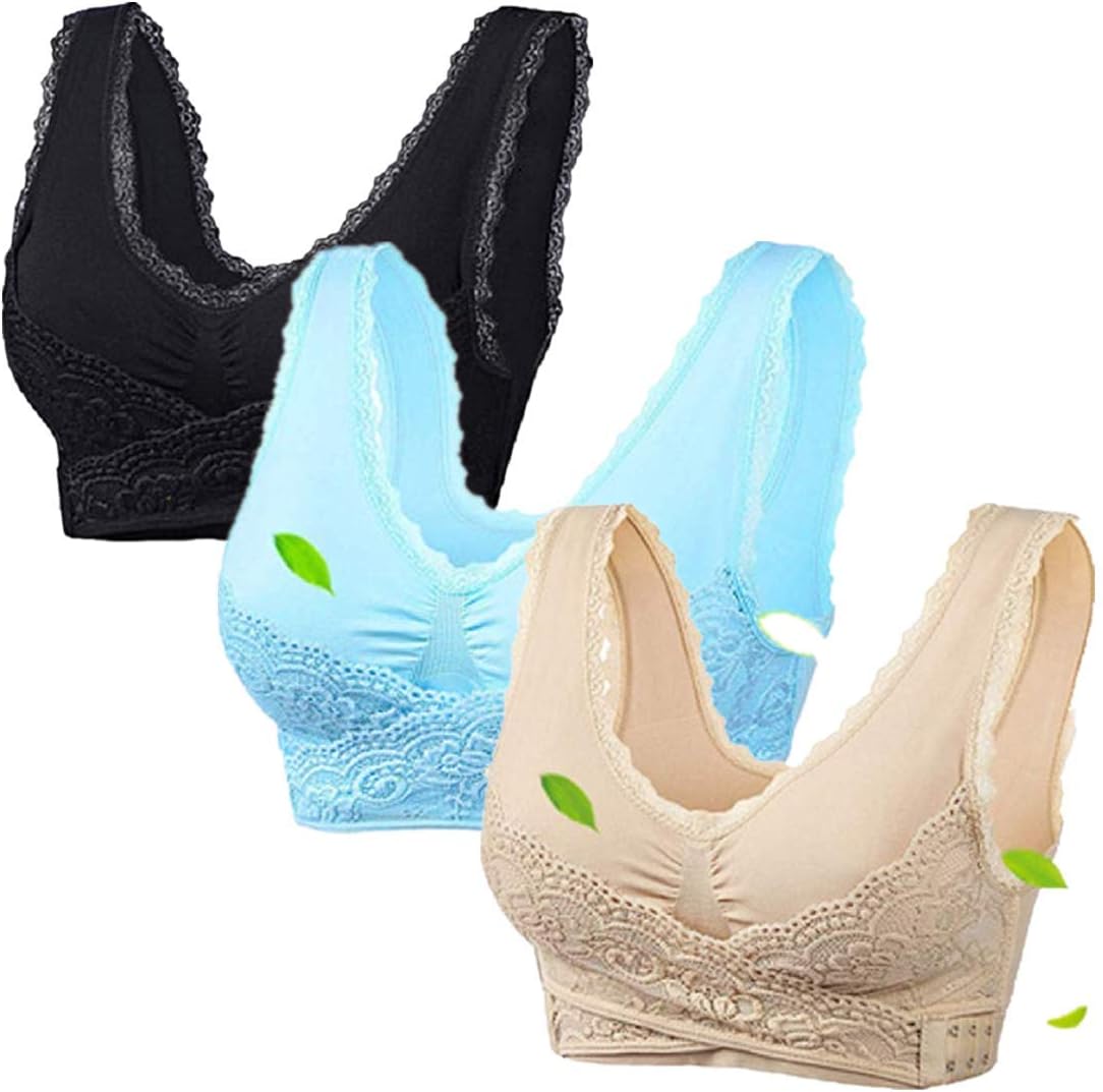 New Fashion Women's 3-Pack Seamless Sports Front Closure Buckle Lace Bra Wireless Genie Bra Removable Pads Black&Blue&Nude (XXL)