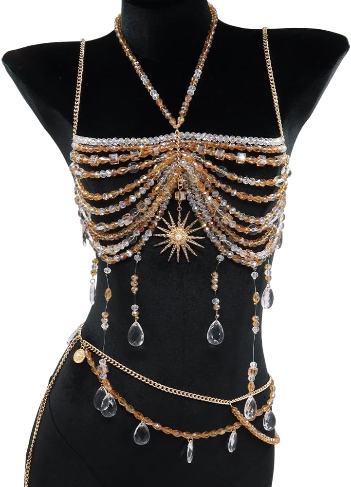 Hand-Beaded Sun Goddess Body Chain Gold Sun Pendant Jewelry Top, Adjustable Party Wear for Women, Boho Festival Rave Outfit