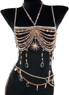 Hand-Beaded Sun Goddess Body Chain Gold Sun Pendant Jewelry Top, Adjustable Party Wear for Women, Boho Festival Rave Outfit
