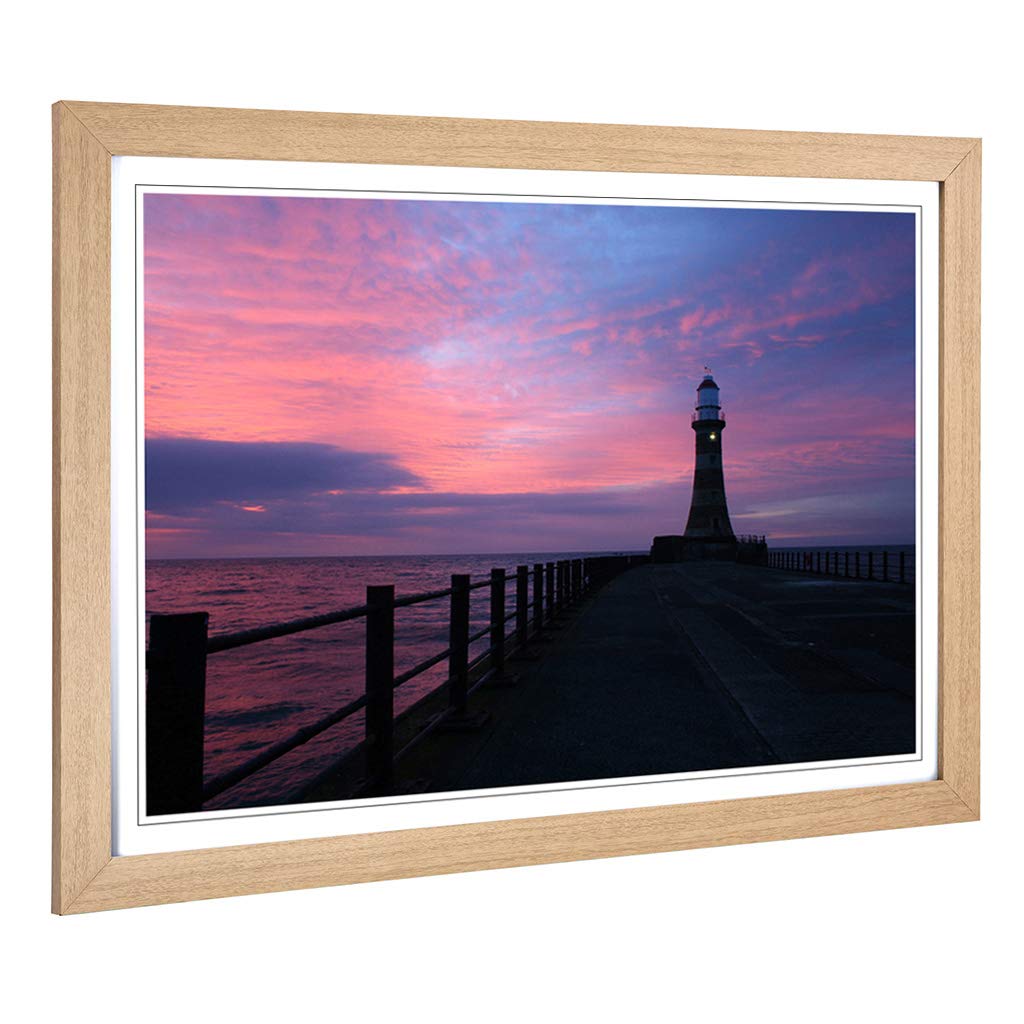 Big Box Art Framed Print of Seascape Pier Jetty Sea Lighthouse Design | Wall Art Picture | Home Decor for Kitchen, Living Room, Bedroom, Hallway, Oak, A2 / 24.5x18 Inch / 62x45cm