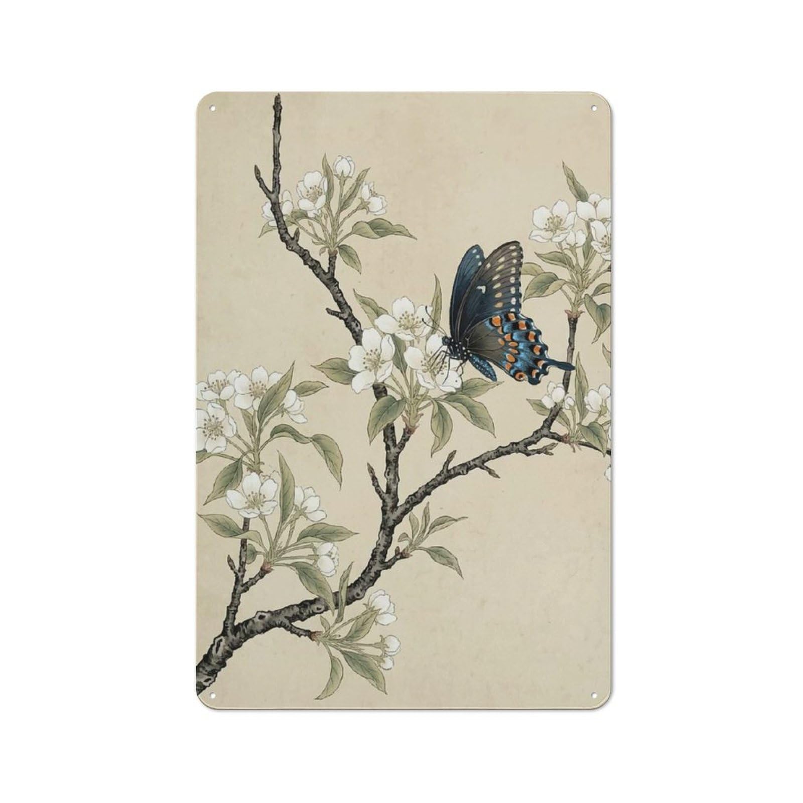 Metal Plaque 30x20cm with Butterfly on Cherry Blossoms for Pub Or Café, Vintage Decor, for Pub Decor Enthusiasts