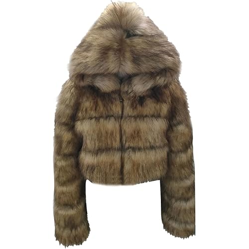 iQKA Women Short Faux Fur Coat Cropped Fluffy Jacket Hooded Winter Warm Fuzzy Splicing Jackets Long Sleeve Outerwear