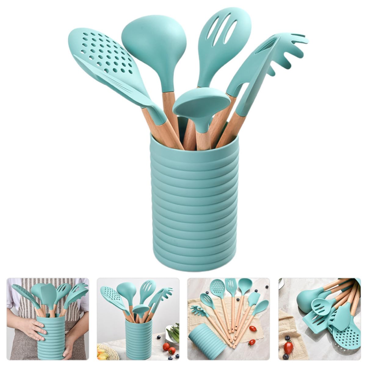 Juego de Utensilios de Cocina con Barril de Silicona y Madera