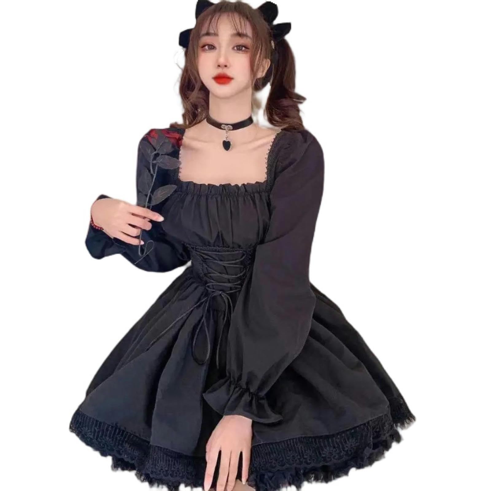 Robe Blanche à Manches Longues en Dentelle Gothique Noire Patchwork Streetwear col carré-Noir-L