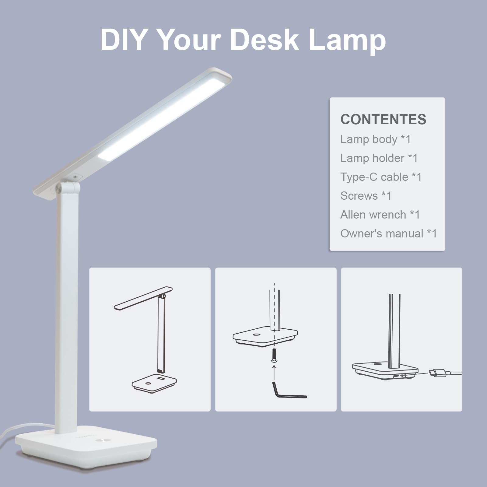 LQWELL® Lampa Biurkowa LED Odłączana, 3 Poziomy Jasności, Możliwość Przyciemniania, Lampa Stołowa Do Domowego Biura, Obrót Od 0° Do 180°, 6500 K (Biały)