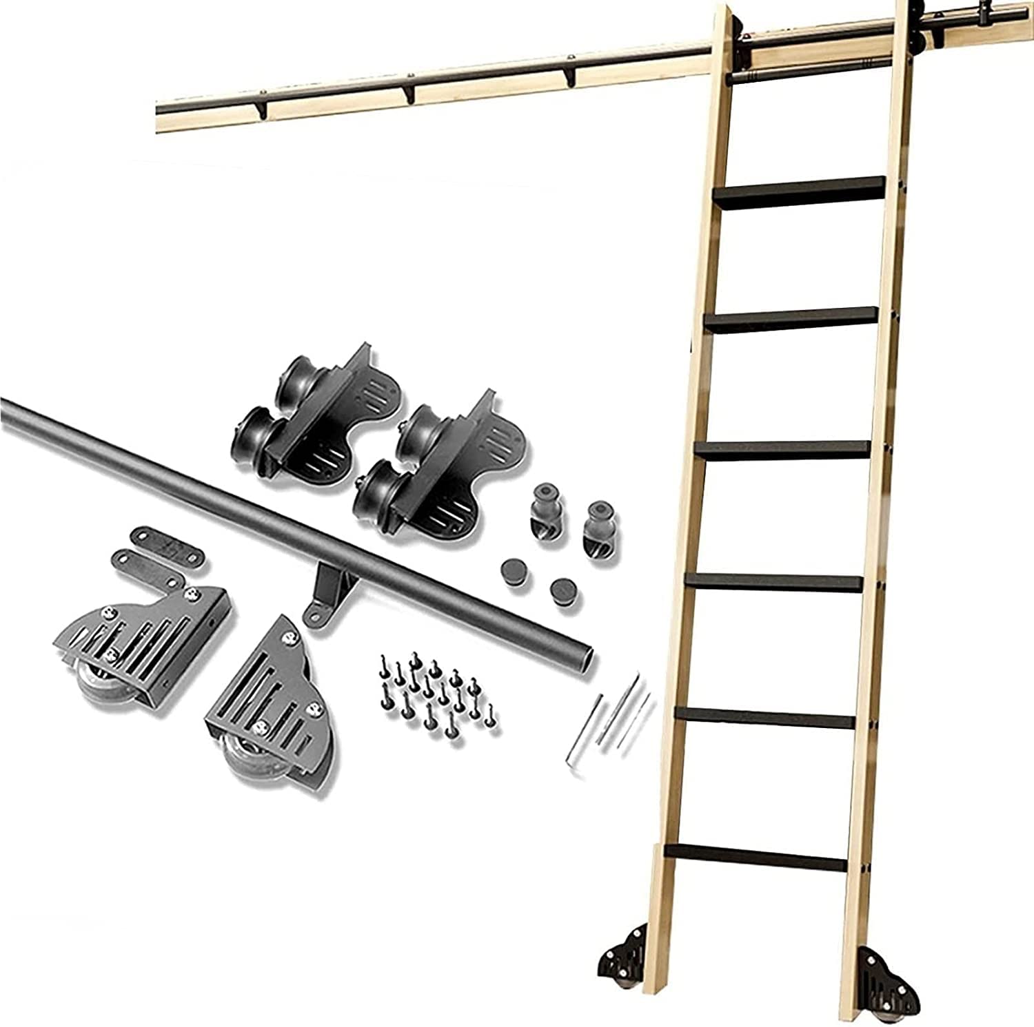 3.3ft-20ft Retractable Sliding Barn Door Hardware Kit with Floor Roller Wheels Rolling Library Ladder Hardware Kit for Home Loft Office (No Ladder) (Size : 10ft/300cm Track kit)