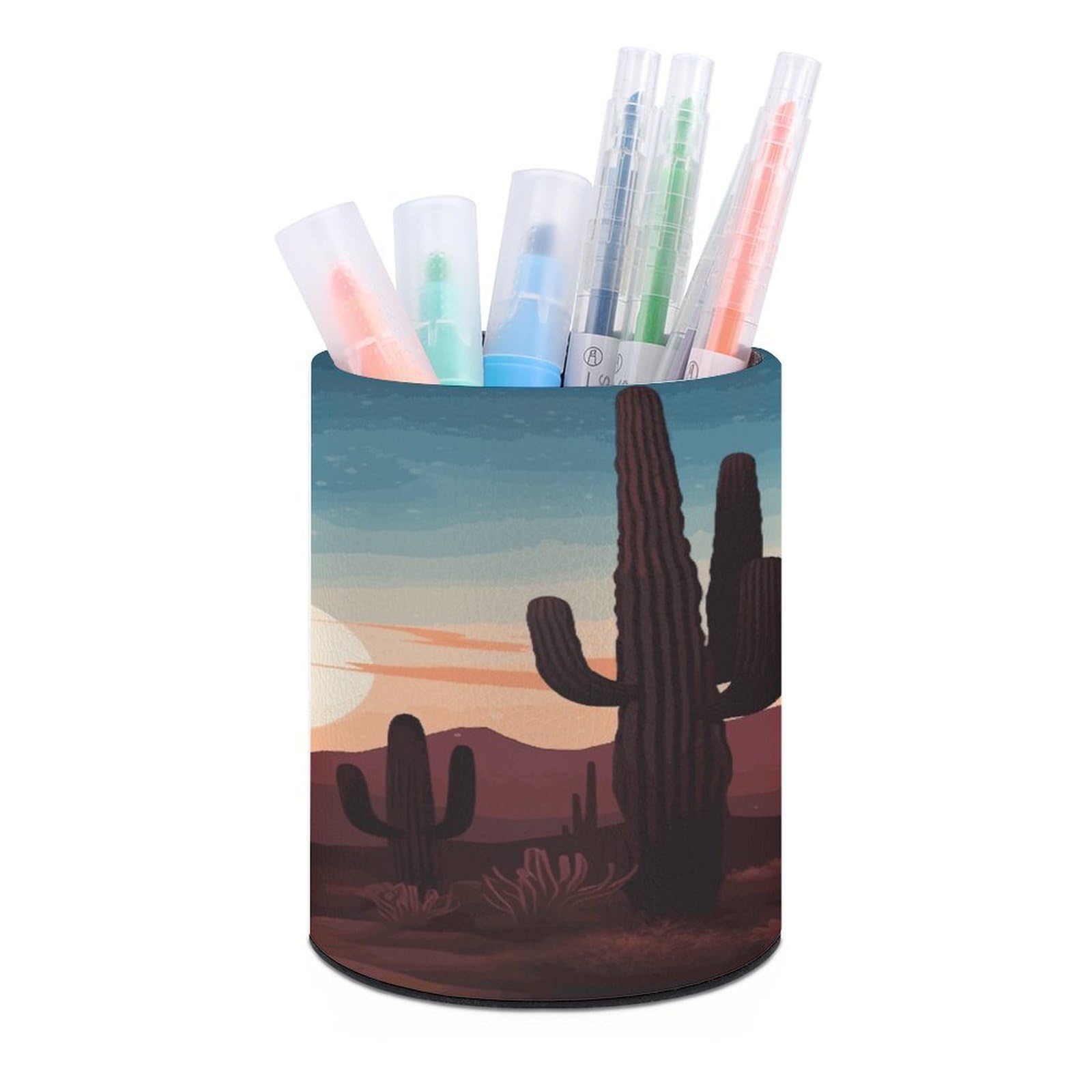 VstaDank Desert With Cactus Pen Holder Leather Pencil Cup Round Pencil Holder for Desk Organizer Personalized Pen Cup Fashion Pen Organizer Makeup Brush Holders for Office Home&Gift