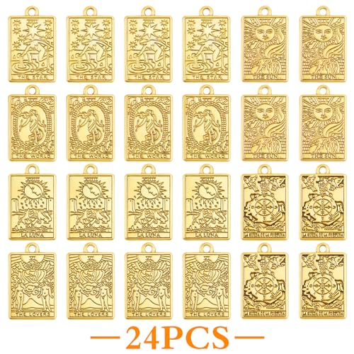 JMKTOOL 24 peças pingentes de tarô dourado antigo liga retângulo roda da fortuna sol boa sorte amule