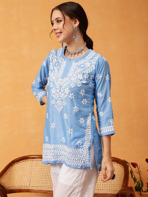 Image of Ada Women's Muslin Straight Fit Tunic Hand Embroidered Lucknowi Chikankari Straight Top Short Kurti A911420