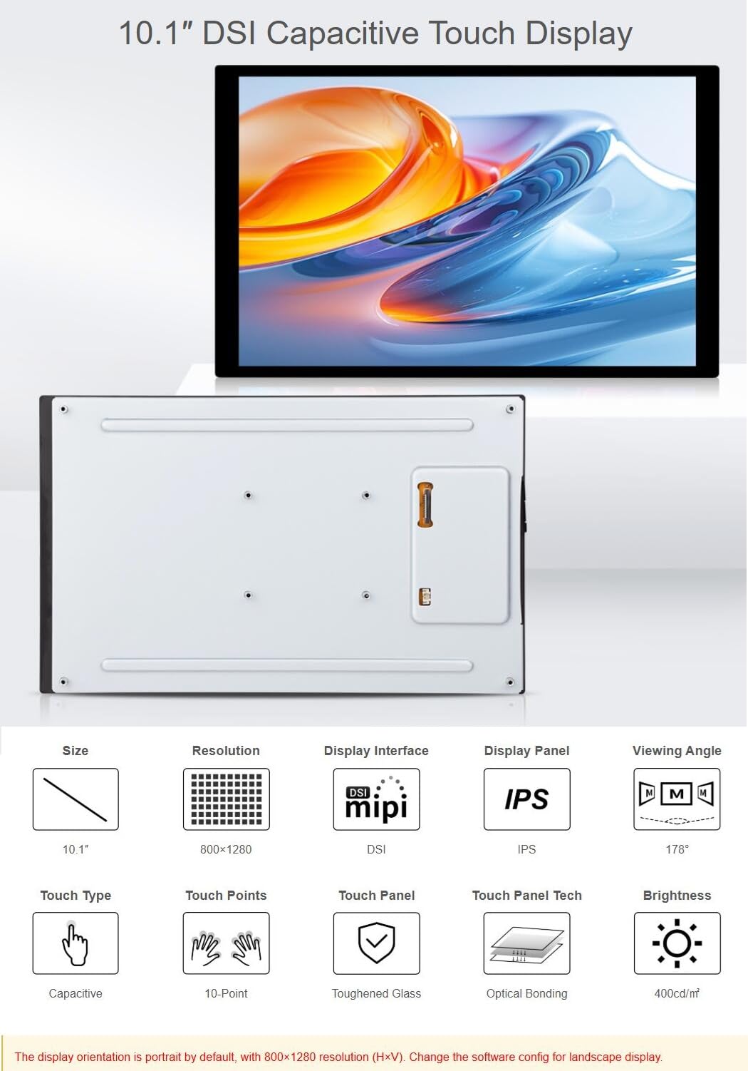 TUOPUONE 10.1inch DSI Capacitive Touch Display, 800×1280, IPS Panel, Optical Bonding Toughened Glass Panel, 10-Point Touch (10.1-DSI-Touch-A)