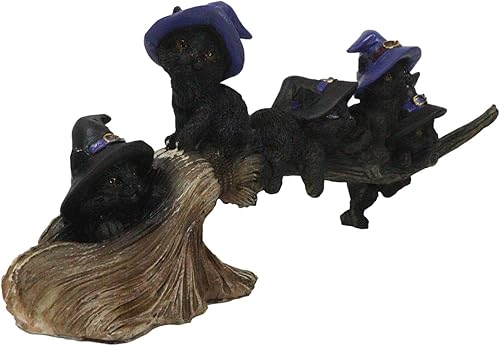 Miniatura 4 de Ebros Gift Hora de brujas realista de Halloween, 5 gatos negros con sombrero de bruja montando larga estatuilla mágica de escoba con ojos de