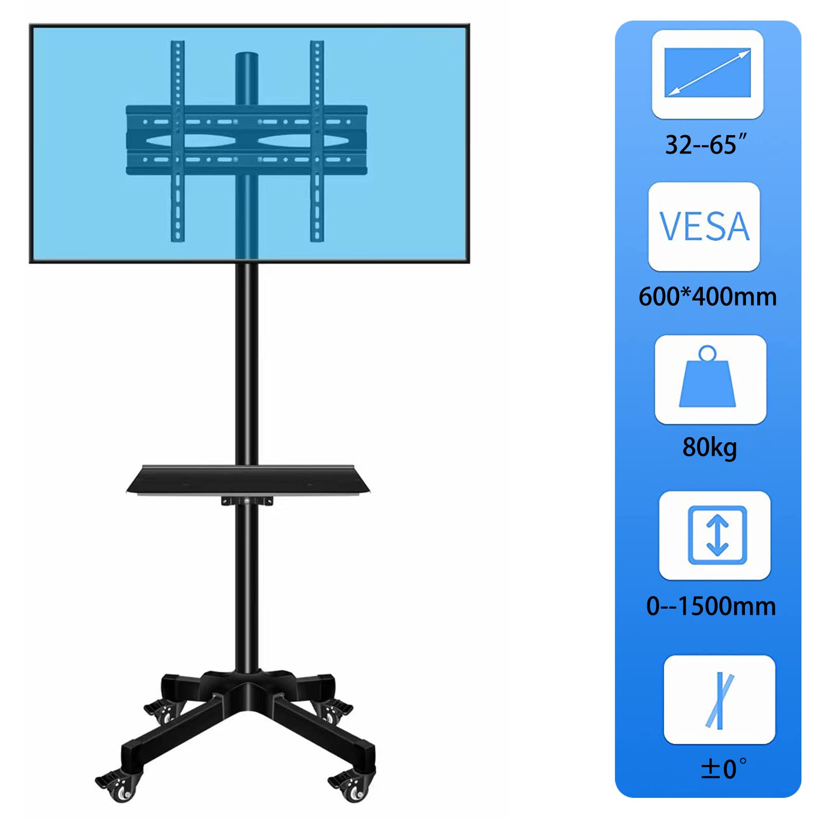 SRHIMEOS Chariot TV Meuble Télé Support avec Roulette Pied Pivotant et Réglable en Hauteur de 32 à 65 Pouces VESA Max de 600 x 400 mm Capacité Max de 80kg