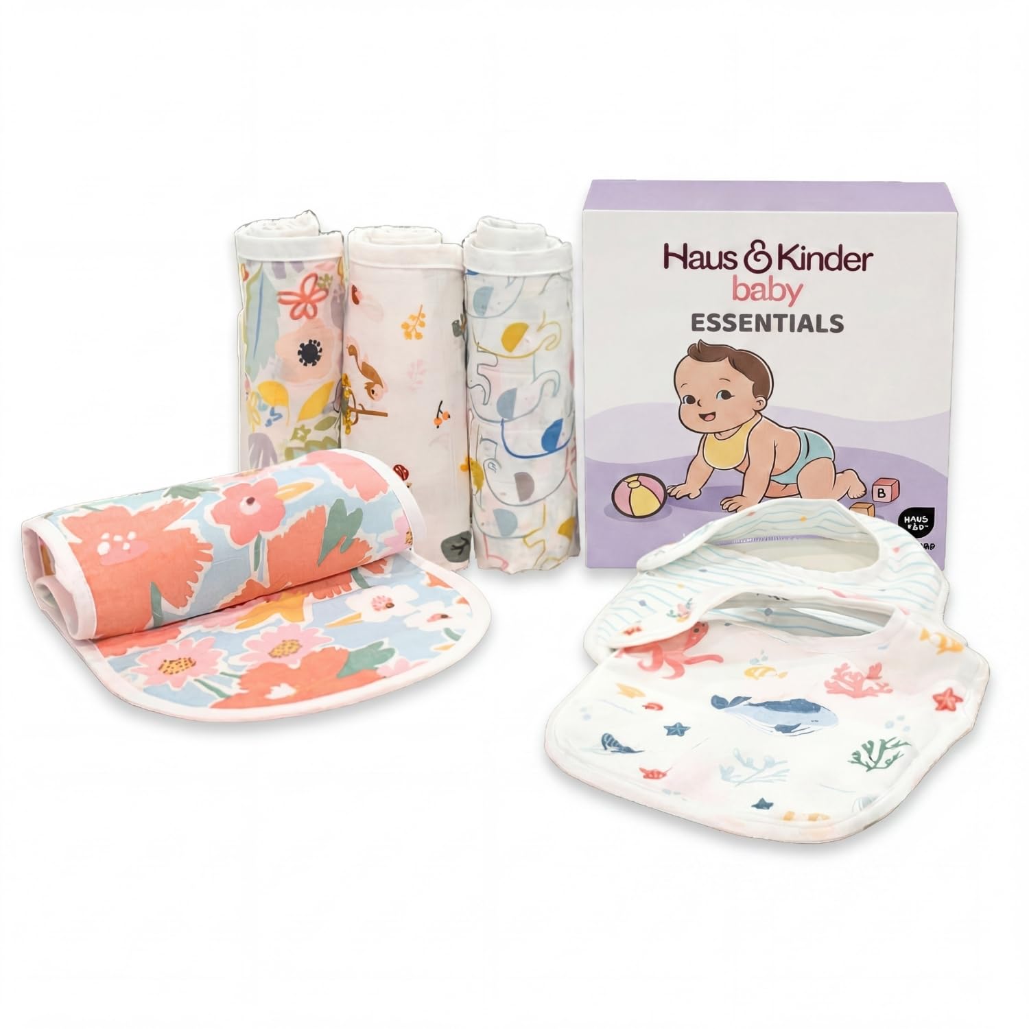 Haus & Kinder Feeding Set -Pack of 6 | 100% Cotton Muslin Wash Cloth | Burp Cloths For Baby | Feeding Cloth For Baby | Baby Wash Clothes Soft Newborn, Baby Bibs Newborn, Baby Gift Box for Boys & Girls-picture-28