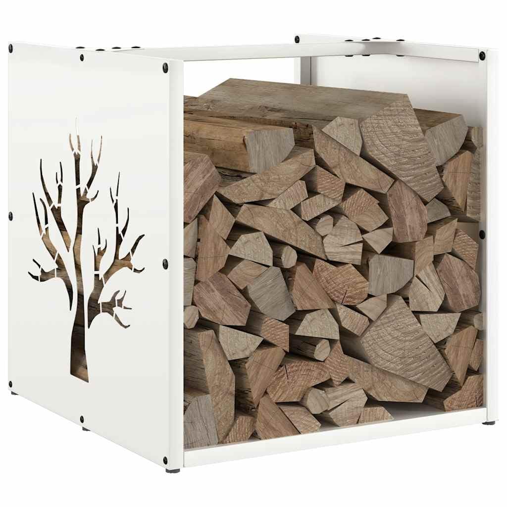 Estantería para leña blanca 40 x 40 x 40 cm, acero laminado en frío, soporte para madera de chimenea para interior y exterior, elegante soporte de madera con para salón y terraza