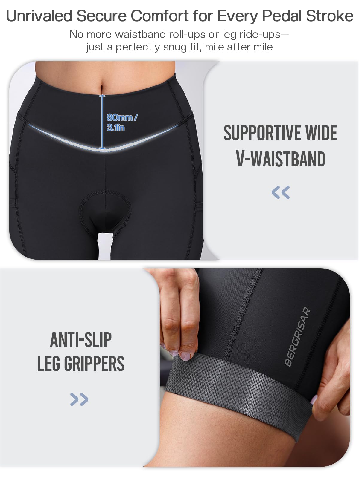BERGRISAR Pantalones cortos de ciclismo acolchados 4D para mujer, con bolsillos, pantalones cortos de ciclismo