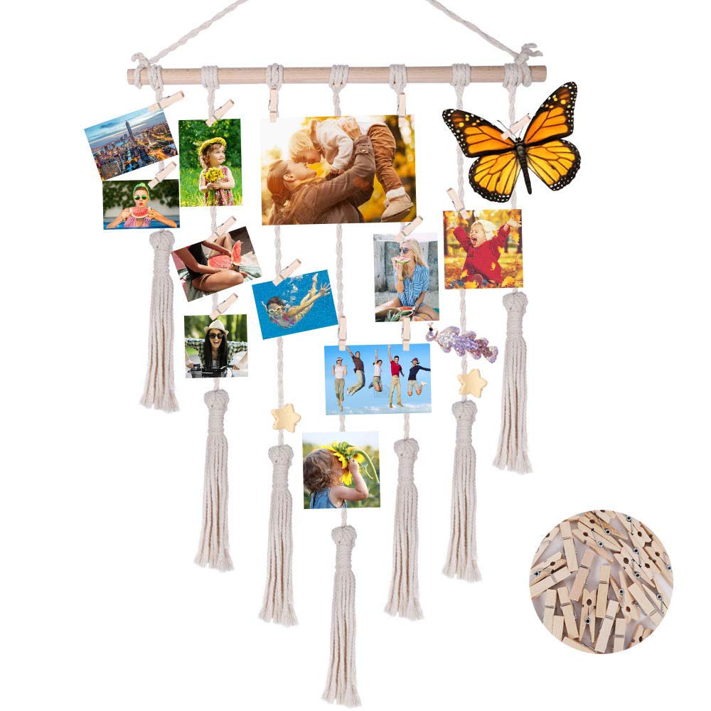 eZAKKA Hanging Photo Display Macrame Picture Organizer Boho Home Wall Decor with 25 Wood Clips