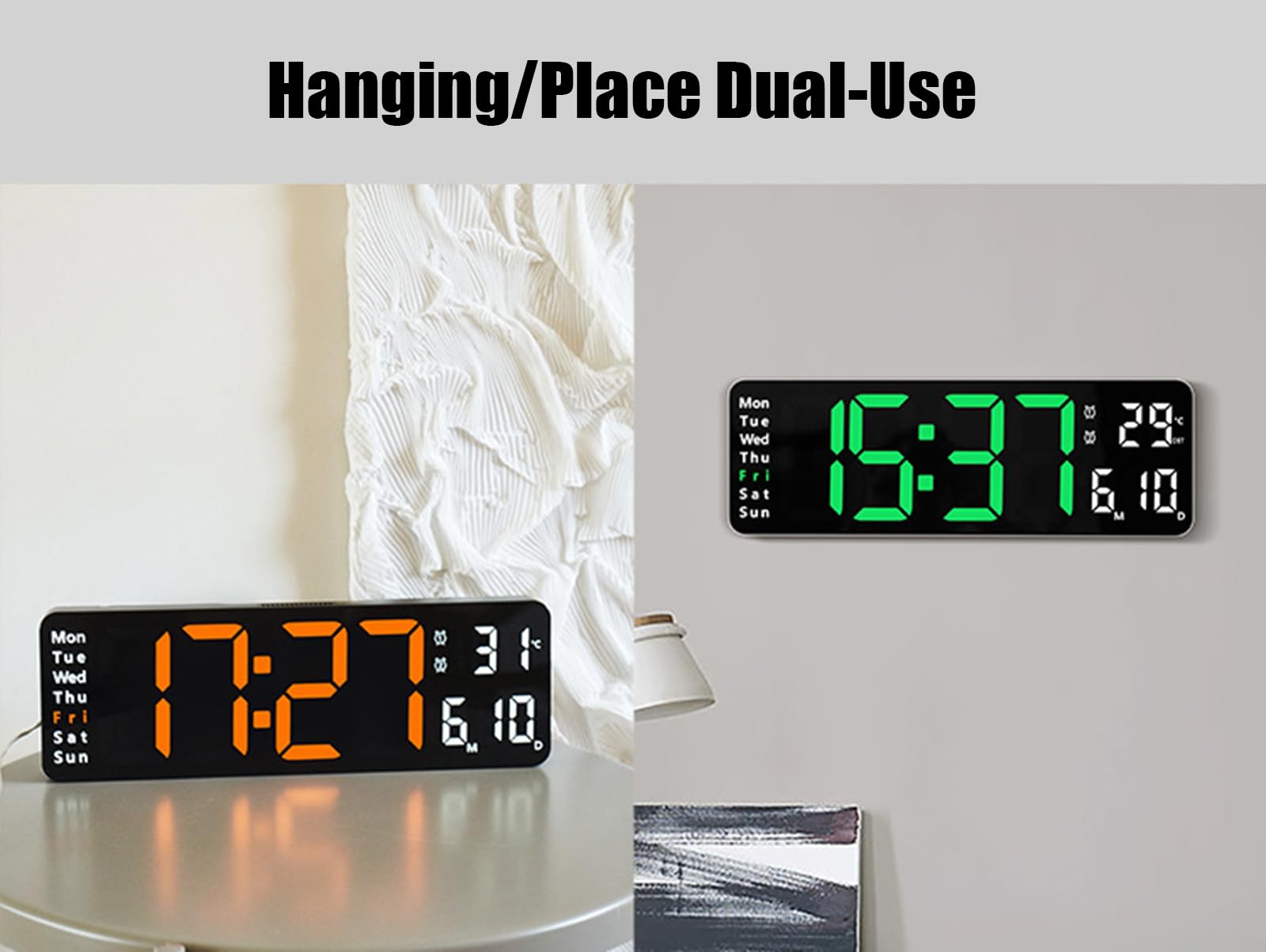 Reloj de Pared Digital Grande con Control Remoto, atenuador de Brillo automático Reloj de Pared Digital Pantalla Grande con día/Fecha/Temperatura, repetición,L