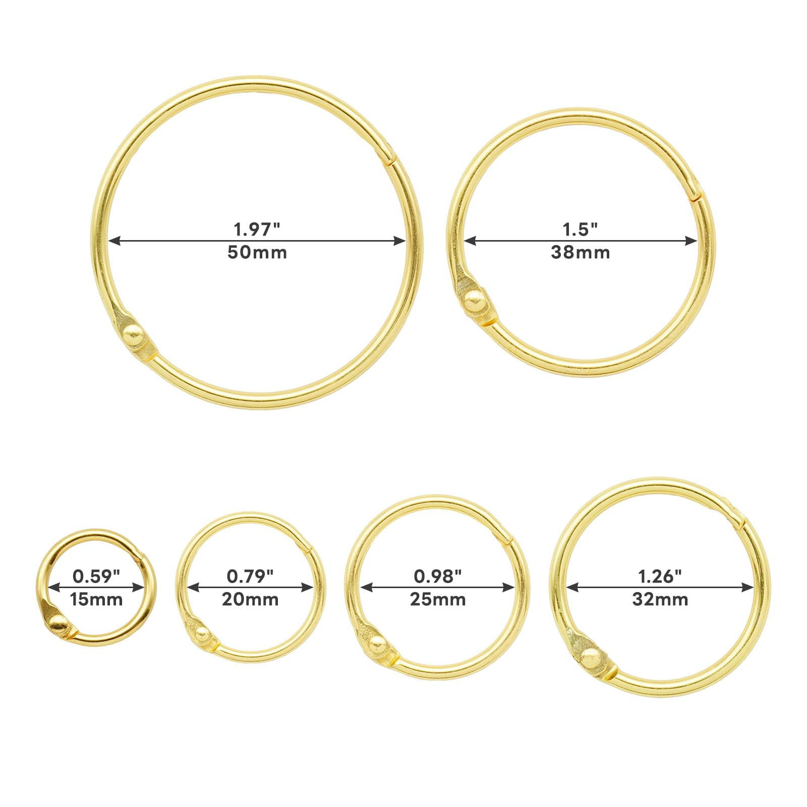 60 anelli per raccoglitori, dimensioni assortite, anelli di carta nera per schede flash, portachiavi, schede indice (oro)